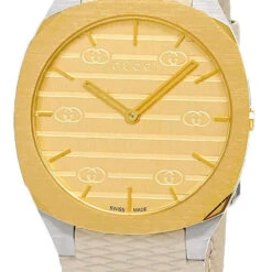 GUCCI 25H 34MM QTZ SS Golden Brass Dial White LTHR Unisex Watch YA163416