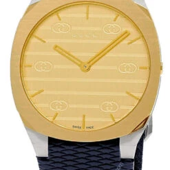 GUCCI 25H 38MM Quartz SS 18K Gold Plated Case Blue LTHR Unisex Watch YA163418